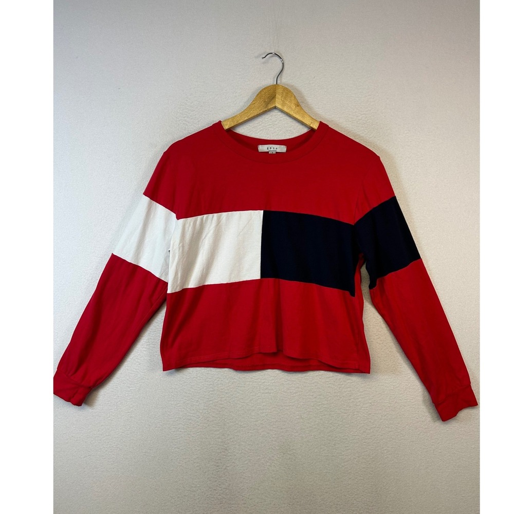 90s Sporty Gaze Womens Small Red Colorblock Long Sleeve Crew Neck Crop Top